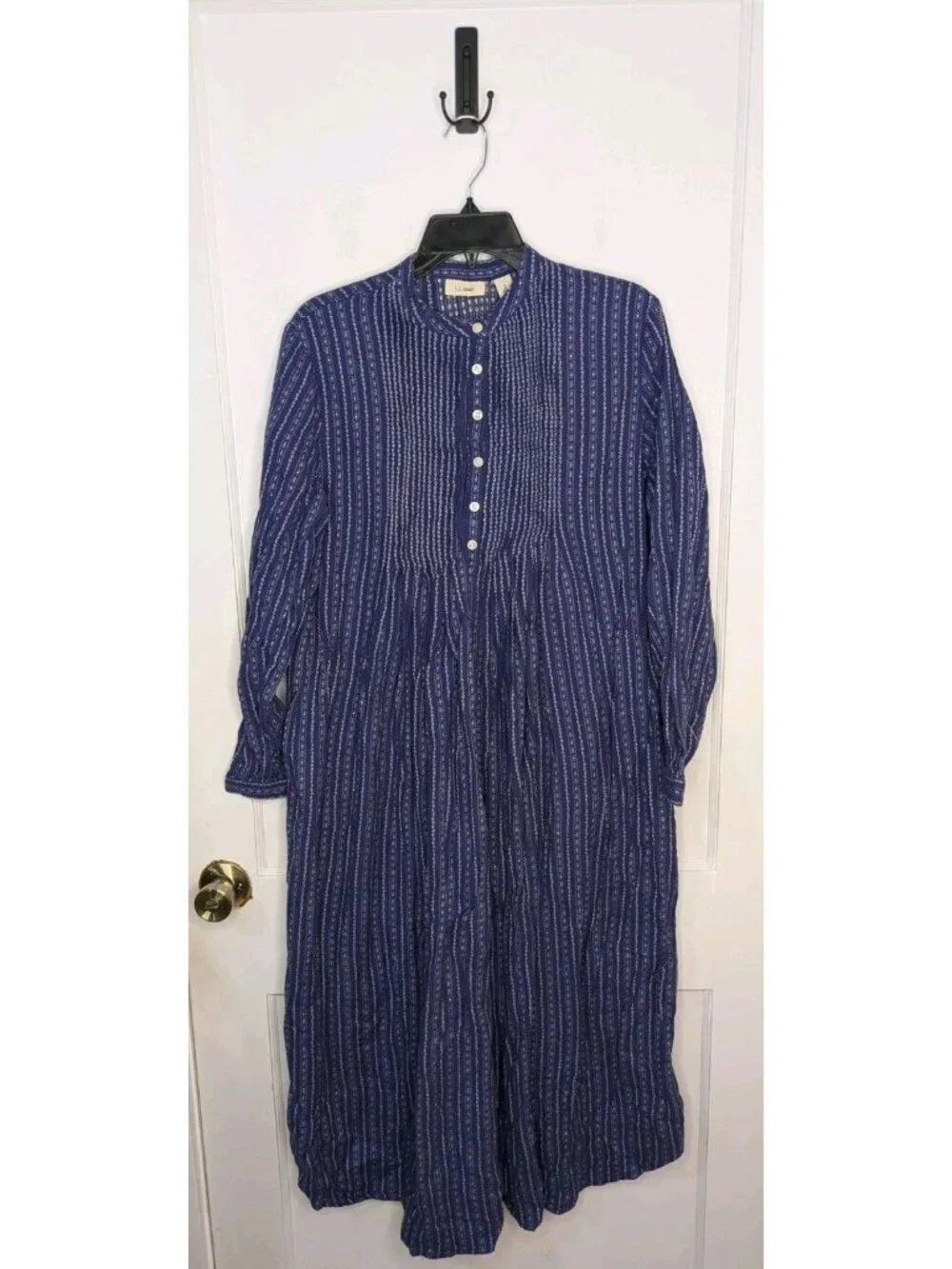 LL Bean Dobby Pintuck Nightgown Blue Purple Striped Small Flannel Cotton Dress